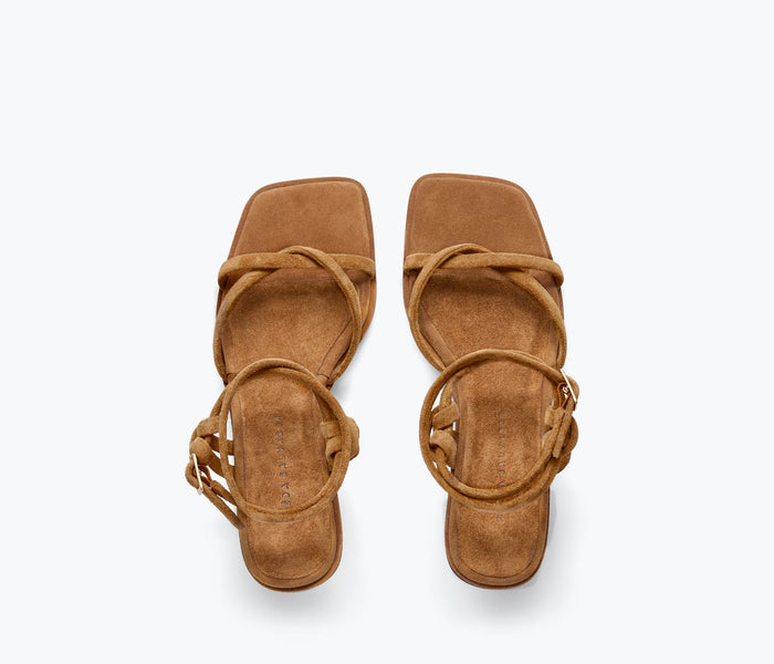 Freda Salvador GIANNA strappy heeled sandal in chestnut suede with a sleek heel and open toe design.