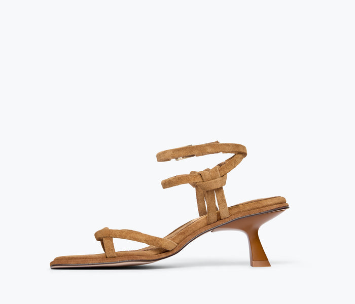 Freda Salvador Gianna strappy heeled sandal in chestnut suede, featuring inside view with adjustable straps and elegant heel.