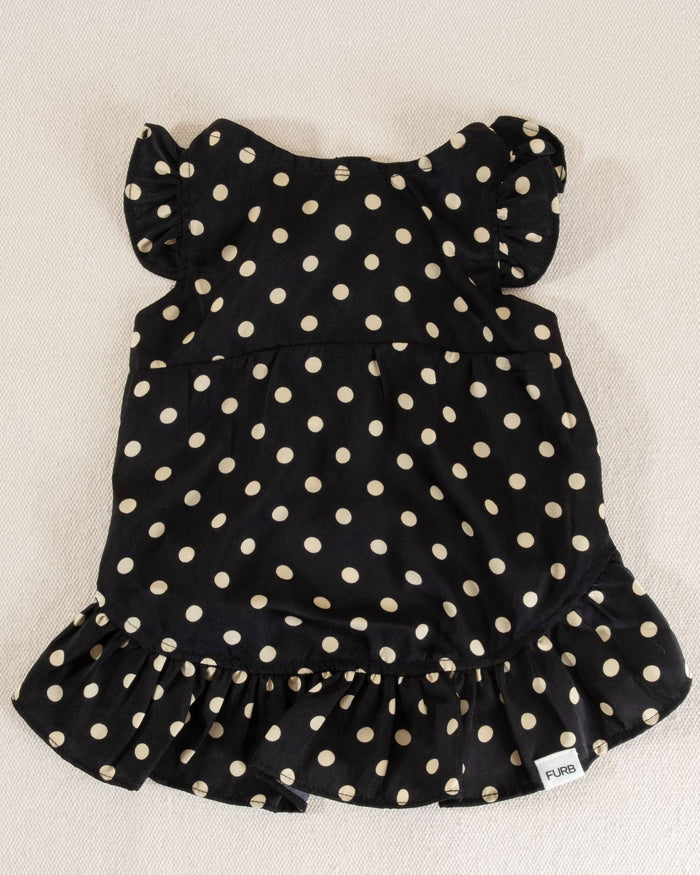 Gigi Black + Ivory Polka Dot Dog Dress black satin polka dot dog dress ruffle detail front view pet fashion
