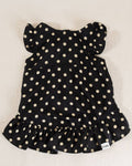 Gigi Black + Ivory Polka Dot Dog Dress black satin polka dot dog dress ruffle detail front view pet fashion