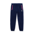 Navy fleece joggers with pink zippers on front pockets and elasticated cuffs.