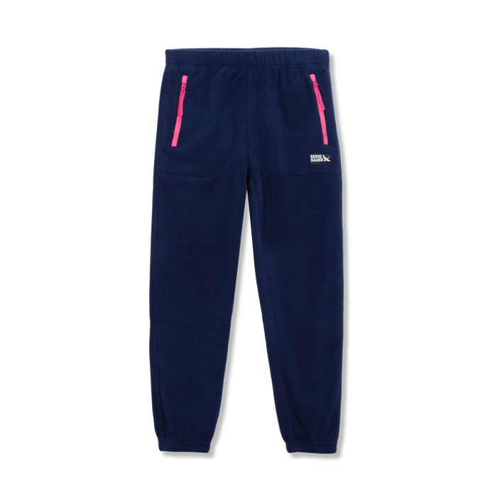 Navy fleece joggers with pink zippers on front pockets and elasticated cuffs.