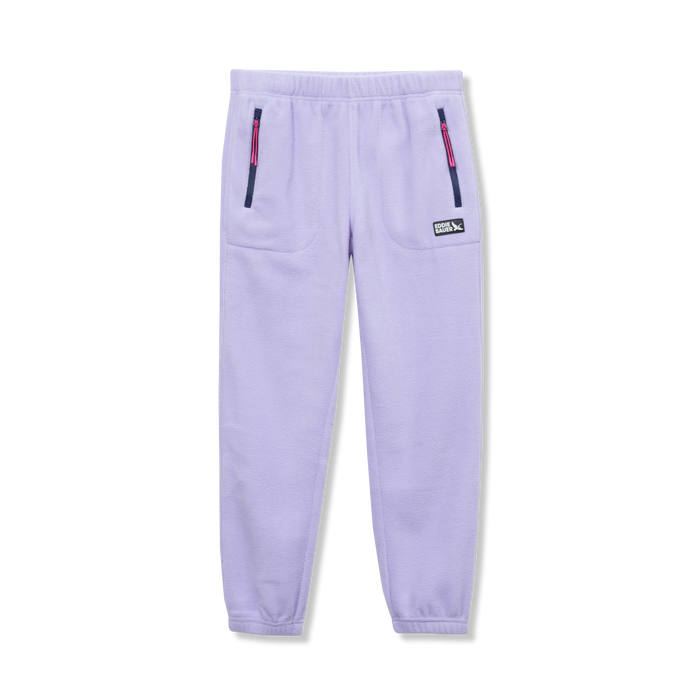 Lavender fleece joggers with zippered side pockets and elastic waistband.