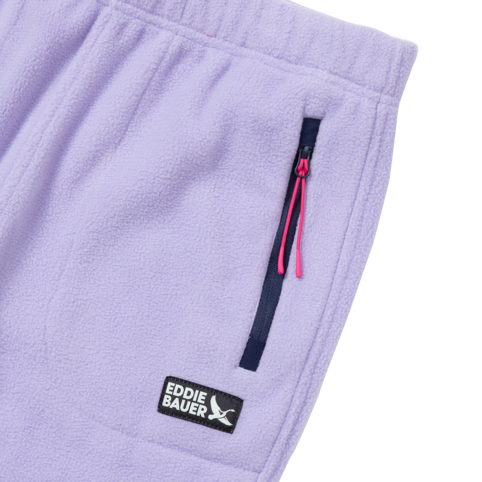 Lavender fleece jogger with black and pink drawstring detail and Eddie Bauer brand label on leg.
