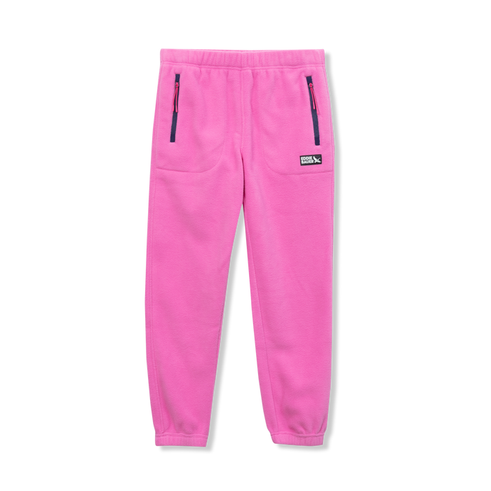 Pink fleece joggers with zippered pockets and elastic waistband.