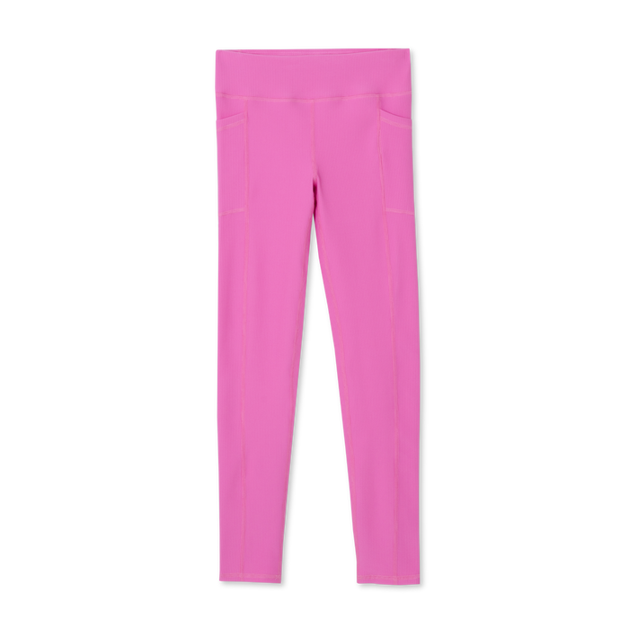 Pink ribbed leggings with side pockets and high waistband.