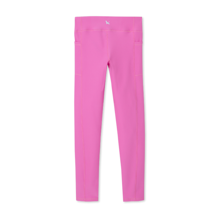 Pink ribbed leggings with side pockets and high waistband.