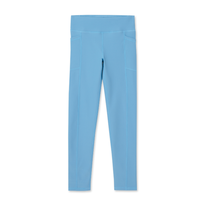 Blue ribbed leggings with high waistband and side pockets displayed flat against white background.