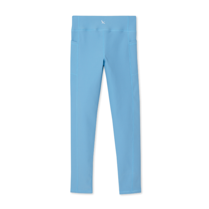 Light blue ribbed leggings with side pockets and high waistband, displayed flat against white background.