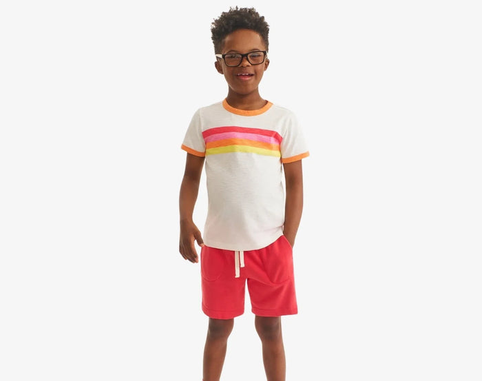 Child wearing Primary Gym Shorts - Strawberry. Available at www.tenlittle.com