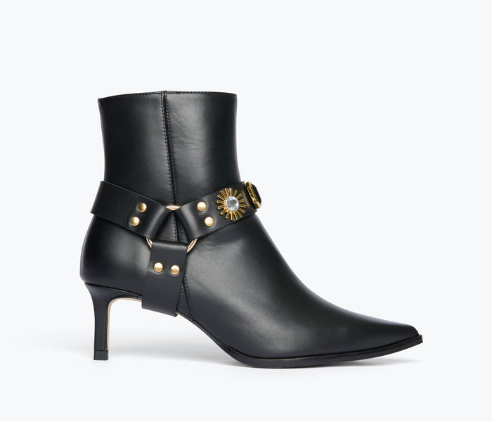 Black Freda Salvador Haden embellished ankle boot with decorative details, front view showing stylish design and ankle height.