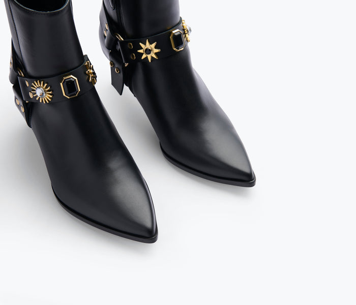 Black Freda Salvador Haden embellished ankle boot with detailed toe embroidery, stylish and sophisticated footwear.