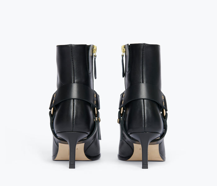 Black Freda Salvador Haden embellished ankle boot with decorative embellishments, viewed from the back.