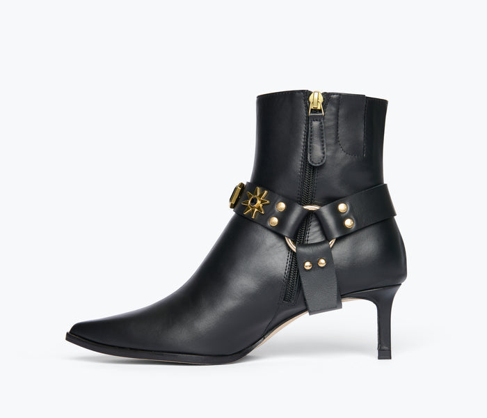 Black Freda Salvador HADEN embellished ankle boot with decorative embellishments, displayed from inside view.