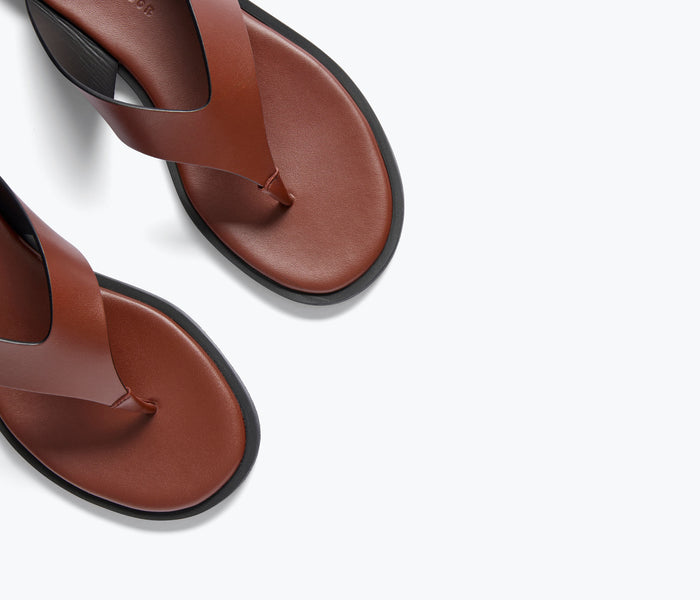 Freda Salvador Halle leather thong sandal featuring chocolate brown straps and minimalist design.