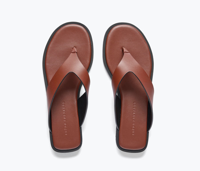 Freda Salvador Halle leather thong sandal in chocolate with a sleek leather strap and minimalist design.