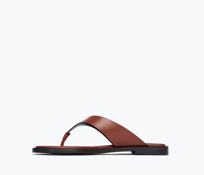 Freda Salvador Halle leather thong sandal in chocolate with cushioned insole and minimal strap design, ideal for casual wear.