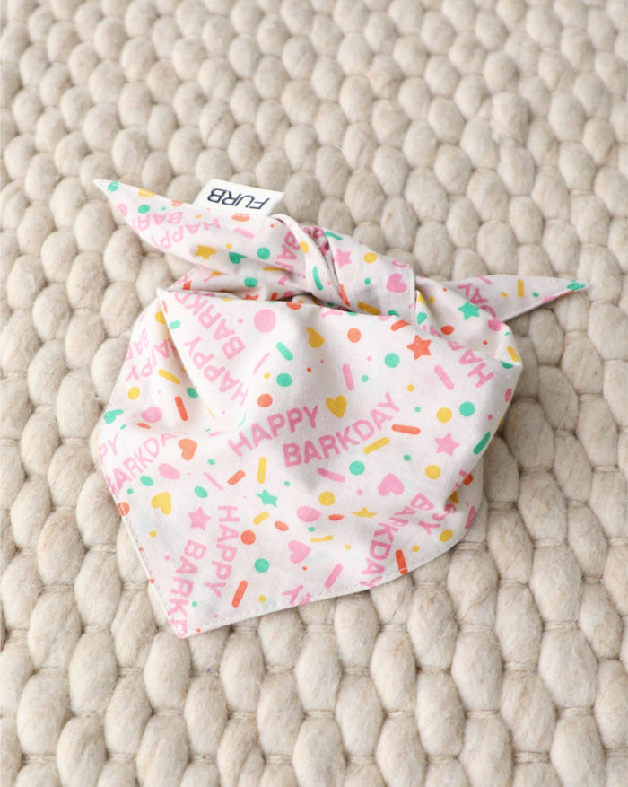 Pink birthday bandana for small-medium dogs like Boston Terriers, Pomeranians, and French Bulldogs. Fun party accessory.