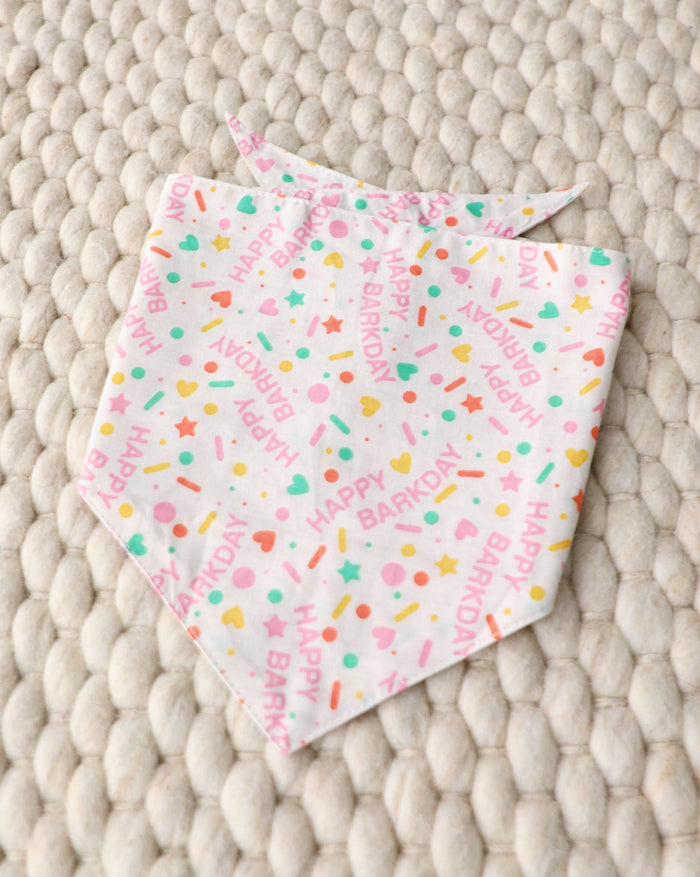 Festive pink birthday bandana for small-medium dogs. Perfect fit for Mini Aussies, Cavaliers, and Shih Tzus.