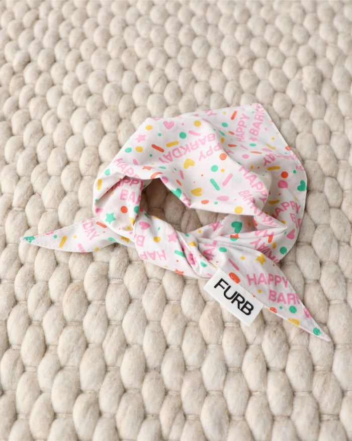 Happy Barkday Pink Dog Bandana for small-medium breeds like Boston Terriers, Pomeranians, and French Bulldogs.