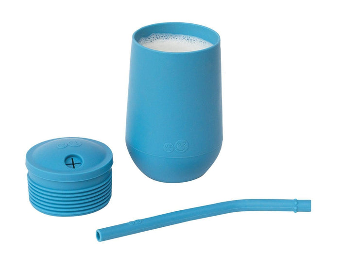 Ezpz Happy Cup & Straw in blue - Lid Opened with Milk Inside - Available at www.tenlittle.com