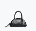 Freda Salvador Harlow Mini Bowling Bag in black calf leather, front view showing compact, stylish design with top handle.