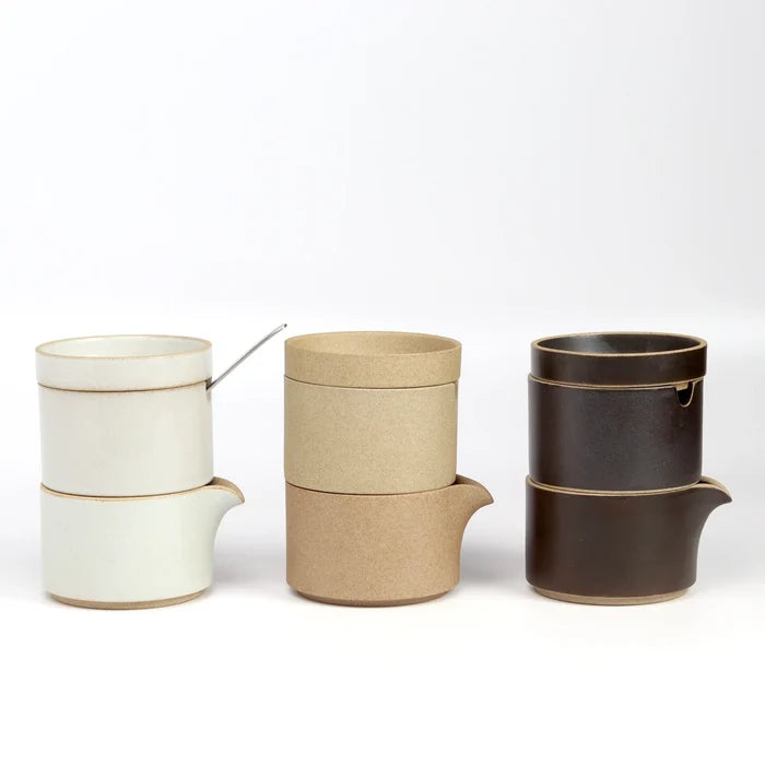 Hasami Porcelain Cream and Sugar Set with spoon in grey, natural and black.