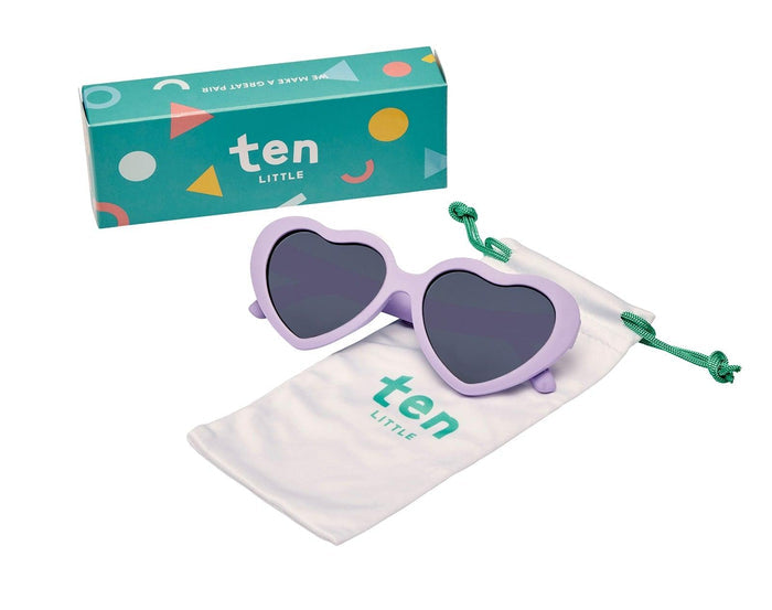 Top view, carrying pouch, and packaging of Ten Little Roshambo Heart Sunglasses - Lilac. Available at www.tenlittle.com