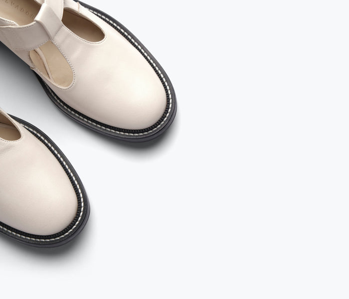 Freda Salvador Helen T-strap loafer in powder white pebbled calf leather with detailed stitching