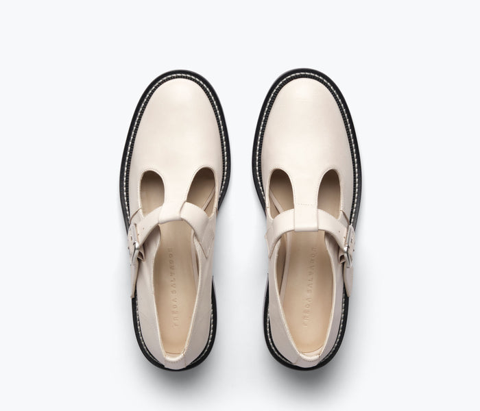 FREDA SALVADOR Helen T-strap loafer in powder white pebbled calf leather, showing the top view of the stylish footwear.