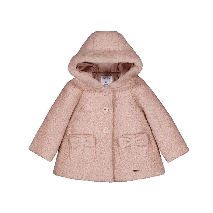 Hooded Boucle Coat with Bow Pockets