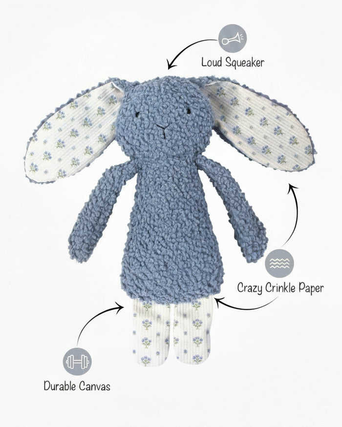 Soft blue rabbit themed pet toy with cozy boucle texture and playful design. Updated May 2026.