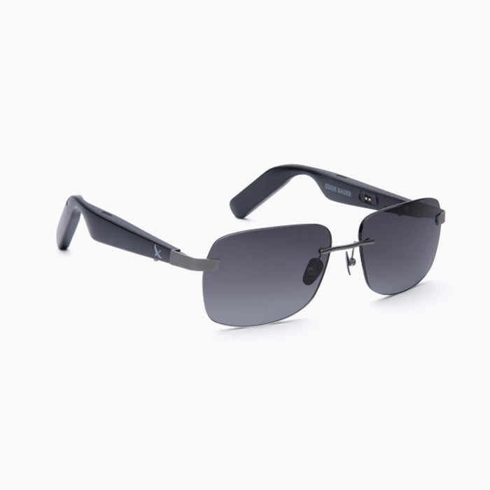 The Eddie Bauer Horizon sunglasses feature a modern, rimless rectangular design with UV400 polarized dark lenses and thick black arms, shown on a plain white background.