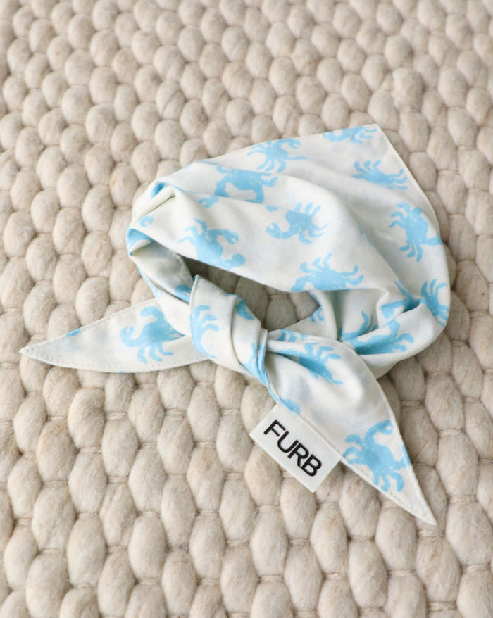 Blue crab-print dog bandana ideal for small-medium dogs like Pugs, Cavaliers, and Mini Schnauzers. Great for summer fun outdoors.