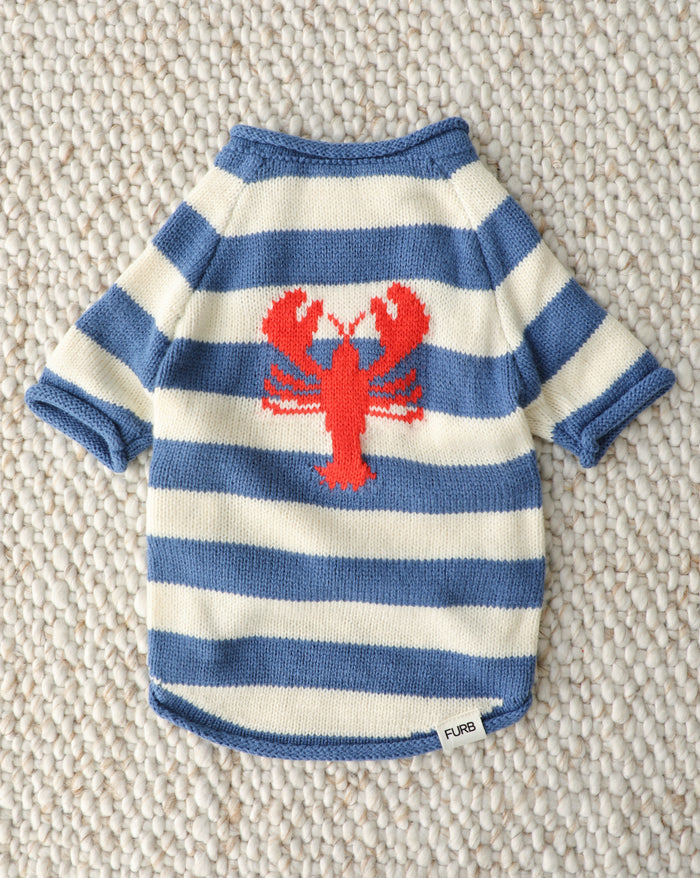 blue and white striped dog sweater with lobster detail, cozy knit pet apparel for stylish everyday wear