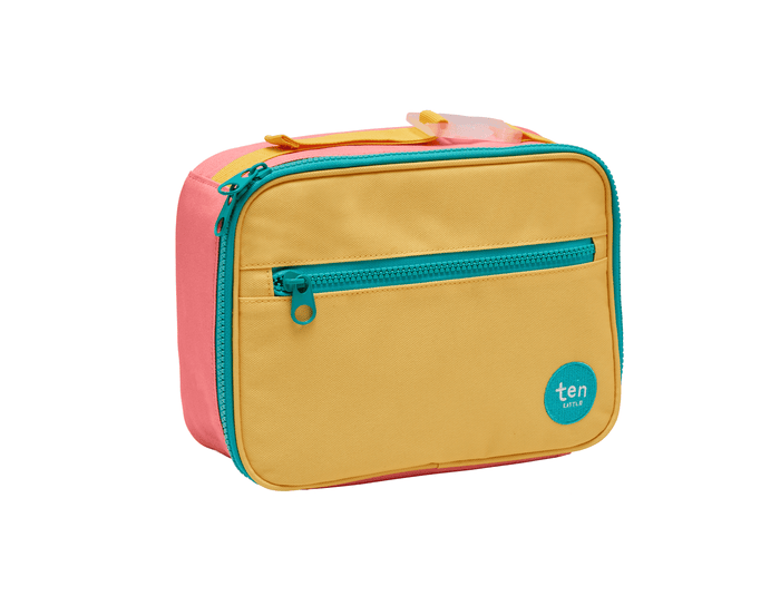 Front view of Ten Little Insulated Recycled Lunch Box - Pink & Yellow. Available at www.tenlittle.com