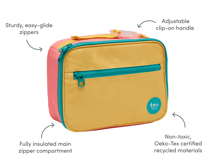 Features of Ten Little Insulated Recycled Lunch Box - Pink & Yellow. Available at www.tenlittle.com