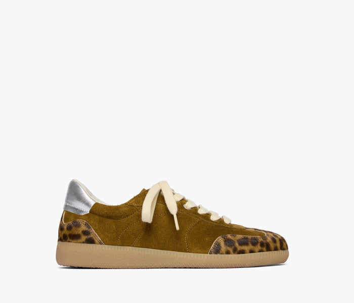 Freda Salvador Jackie Court sneaker in suede with a sleek front view, showcasing its stylish design and color combination.