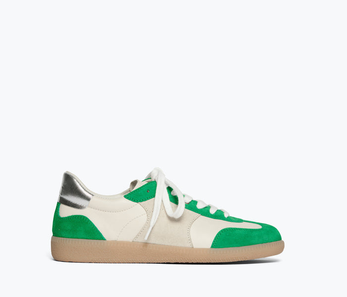 FREDA SALVADOR Jackie Court sneaker in green suede with front view, showcasing stylish design and comfortable fit.