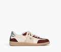 FREDA SALVADOR Jackie Court sneaker in Coco suede, front view showing sleek design and light tan color.