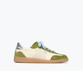 Freda Salvador Jackie Court sneaker in wasabi green suede with white sole, showing front view and textured material.