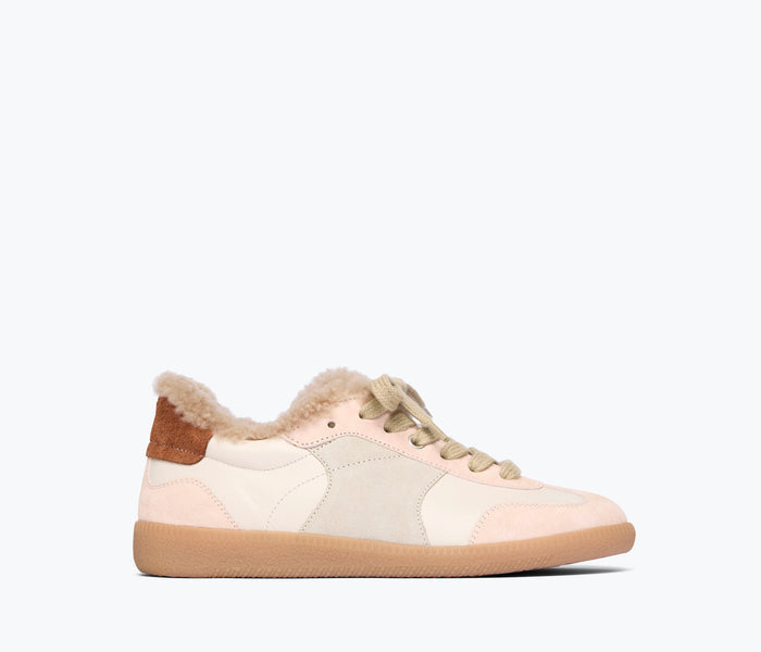 Fred Salvador Jackie Court sneaker in powder suede with sherling lining, front view showing stylish design and comfortable fit.