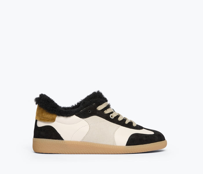 FREDA SALVADOR Jackie Court Sneaker in black suede with sherling detail, front view showing stylish casual footwear.