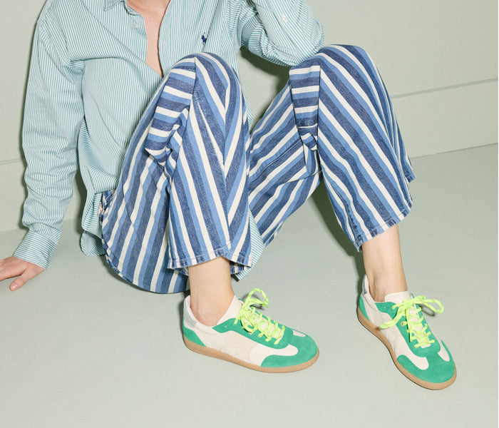 Freda Salvador Jackie Court Sneaker in green suede with white sole, stylish casual footwear for women.