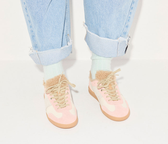 Freda Salvador Jackie Court sneaker in powder suede with sherling lining, stylish casual footwear with a sleek design.