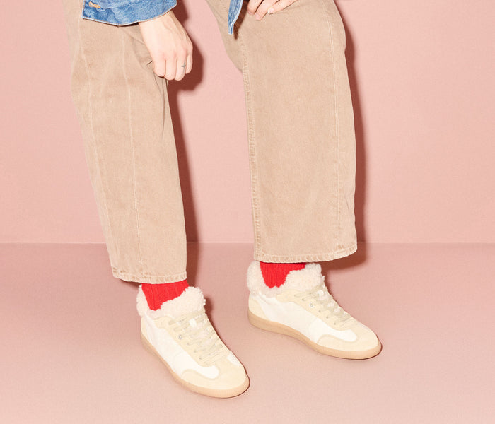 FREDA SALVADOR Jackie Court sneaker in stucco suede with sherling lining, showcasing a stylish casual sneaker design.