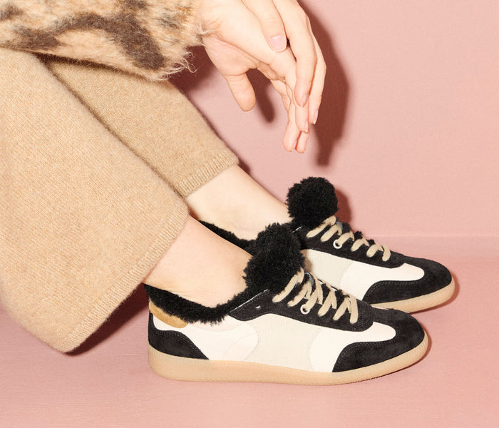 Black suede FREDA SALVADOR Jackie Court sneaker with sherling lining, showcasing a stylish and comfortable casual footwear design.