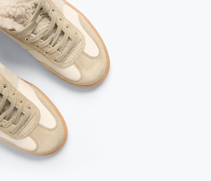 Freda Salvador Jackie Court sneaker in stucco suede with sherling detail, showcasing stylish casual footwear.