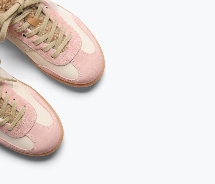 Fredas Salvador Jackie Court sneaker in powder suede with sherling detail, showcasing stylish casual footwear.
