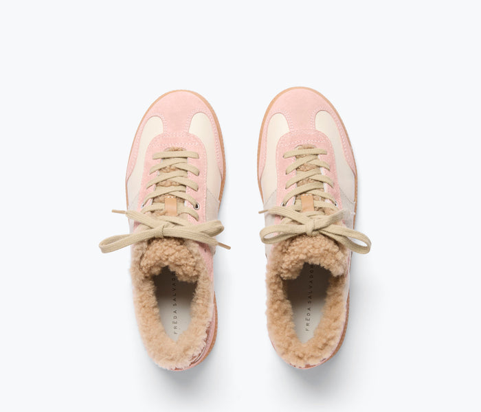 Fred Salvador Jackie Court sneaker in powder suede with sherling top, shown in a close-up view highlighting material details.